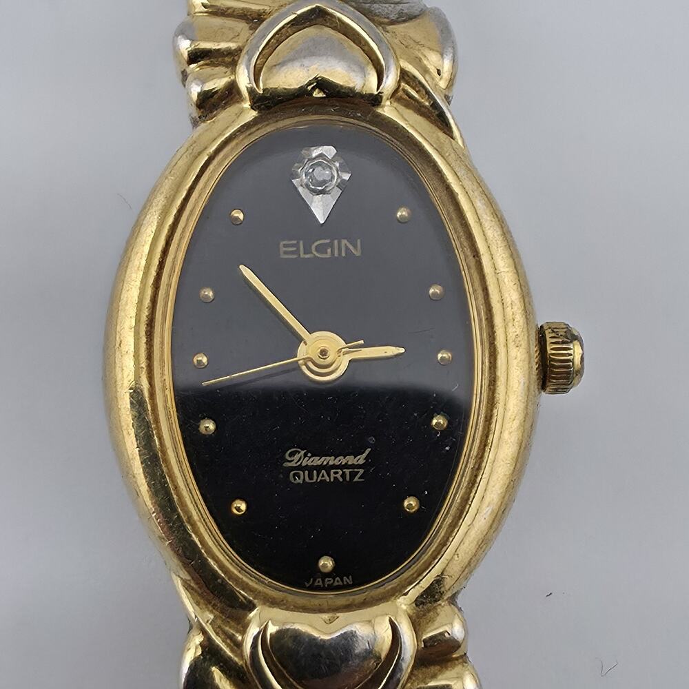 Vintage Elgin Diamond Quartz Ladies Watch Black Dial Two Tone Bracelet Working